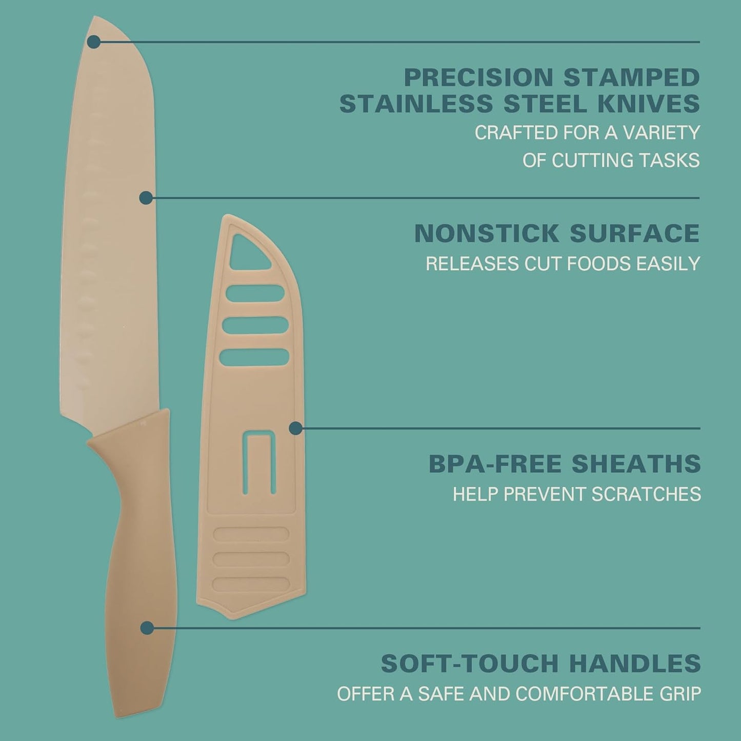 Gibson Home Bostonville 12 Piece Kitchen Knives Set W/Blade Guards/Sheaths, Chef Knife Sets With Nonstick Blades - Taupe