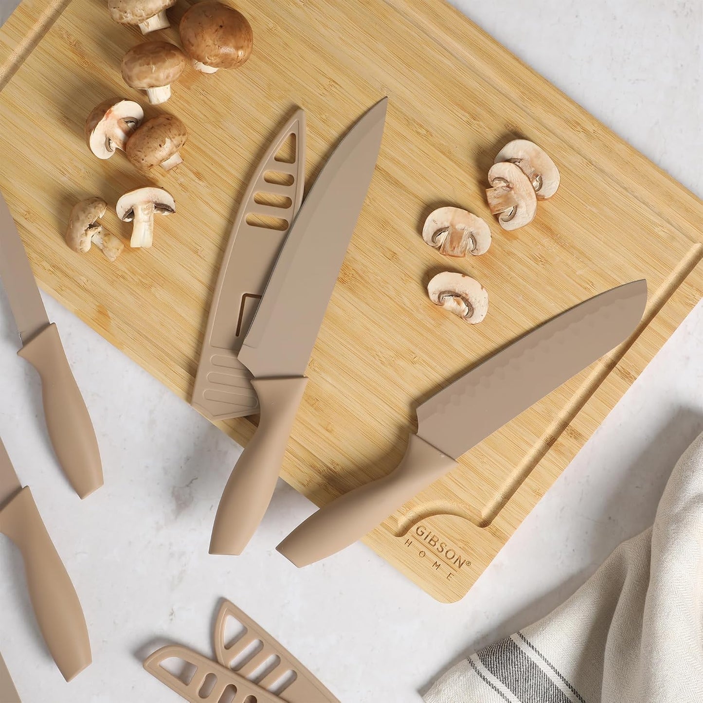 Gibson Home Bostonville 12 Piece Kitchen Knives Set W/Blade Guards/Sheaths, Chef Knife Sets With Nonstick Blades - Taupe