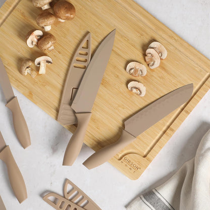 Gibson Home Bostonville 12 Piece Kitchen Knives Set W/Blade Guards/Sheaths, Chef Knife Sets With Nonstick Blades - Taupe