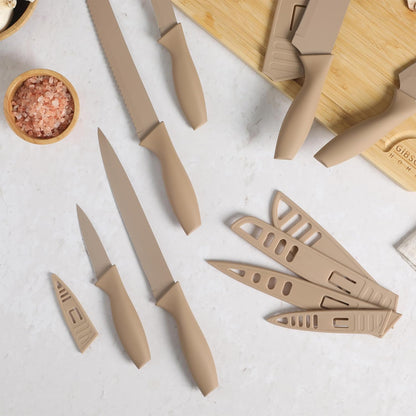 Gibson Home Bostonville 12 Piece Kitchen Knives Set W/Blade Guards/Sheaths, Chef Knife Sets With Nonstick Blades - Taupe