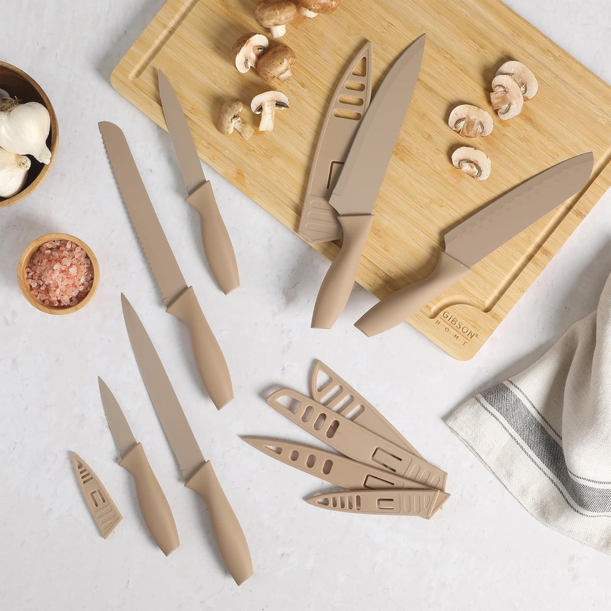 Gibson Home Bostonville 12 Piece Kitchen Knives Set W/Blade Guards/Sheaths, Chef Knife Sets With Nonstick Blades - Taupe