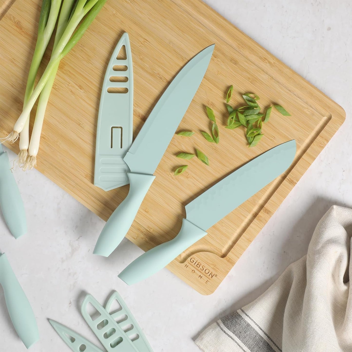 Gibson Home Bostonville 12 Piece Kitchen Knives Set W/Blade Guards/Sheaths, Chef Knife Sets With Nonstick Blades - Taupe