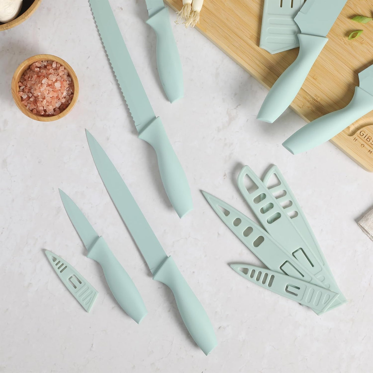 Gibson Home Bostonville 12 Piece Kitchen Knives Set W/Blade Guards/Sheaths, Chef Knife Sets With Nonstick Blades - Taupe