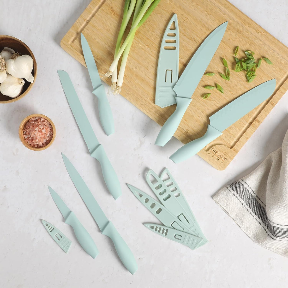 Gibson Home Bostonville 12 Piece Kitchen Knives Set W/Blade Guards/Sheaths, Chef Knife Sets With Nonstick Blades - Taupe