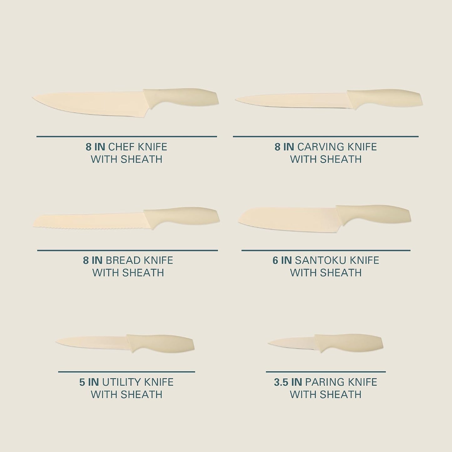 Gibson Home Bostonville 12 Piece Kitchen Knives Set W/Blade Guards/Sheaths, Chef Knife Sets With Nonstick Blades - Taupe