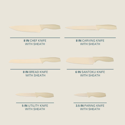 Gibson Home Bostonville 12 Piece Kitchen Knives Set W/Blade Guards/Sheaths, Chef Knife Sets With Nonstick Blades - Taupe