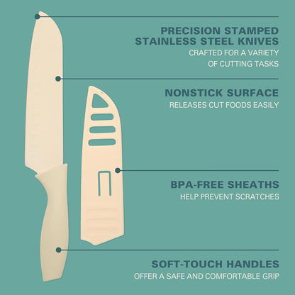 Gibson Home Bostonville 12 Piece Kitchen Knives Set W/Blade Guards/Sheaths, Chef Knife Sets With Nonstick Blades - Taupe
