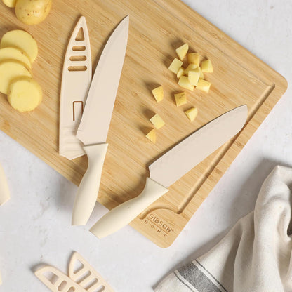Gibson Home Bostonville 12 Piece Kitchen Knives Set W/Blade Guards/Sheaths, Chef Knife Sets With Nonstick Blades - Taupe