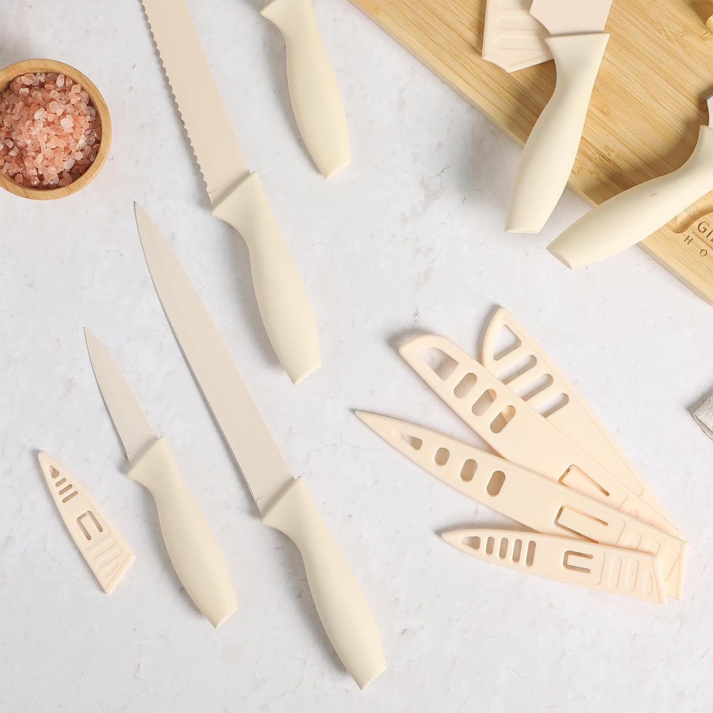 Gibson Home Bostonville 12 Piece Kitchen Knives Set W/Blade Guards/Sheaths, Chef Knife Sets With Nonstick Blades - Taupe