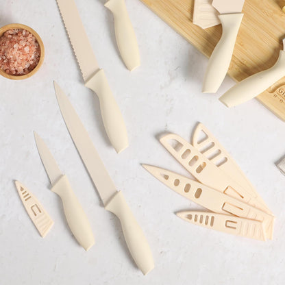 Gibson Home Bostonville 12 Piece Kitchen Knives Set W/Blade Guards/Sheaths, Chef Knife Sets With Nonstick Blades - Taupe