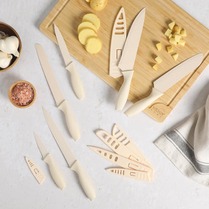 Gibson Home Bostonville 12 Piece Kitchen Knives Set W/Blade Guards/Sheaths, Chef Knife Sets With Nonstick Blades - Taupe