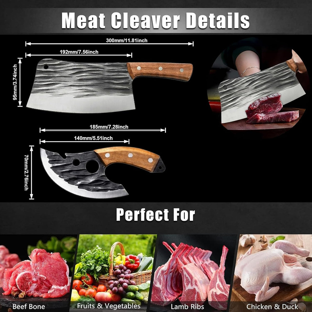 Meat Cleaver Knife Set, 2PCS Hand Forged Sharp Heavy Duty Bone Chopper