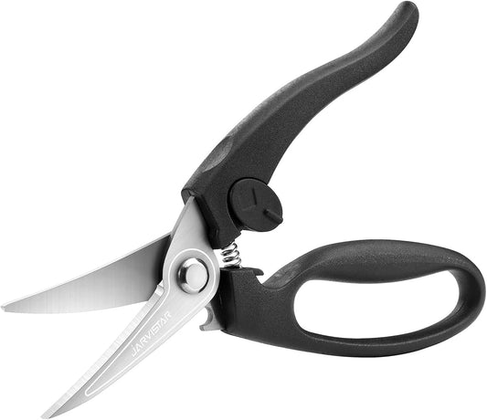8.5" Poultry Shears, Spring Loaded Kitchen Scissors, Black | Heavy Duty Stainless Steel Blades, Safety Lock, Chicken and Meat Cutting
