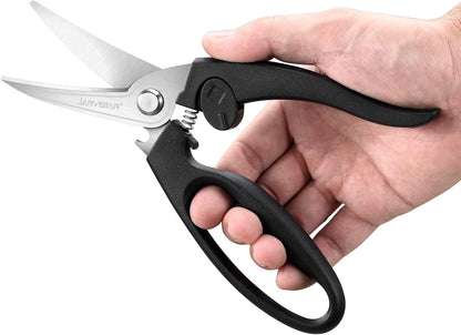 8.5" Poultry Shears, Spring Loaded Kitchen Scissors, Black | Heavy Duty Stainless Steel Blades, Safety Lock, Chicken and Meat Cutting