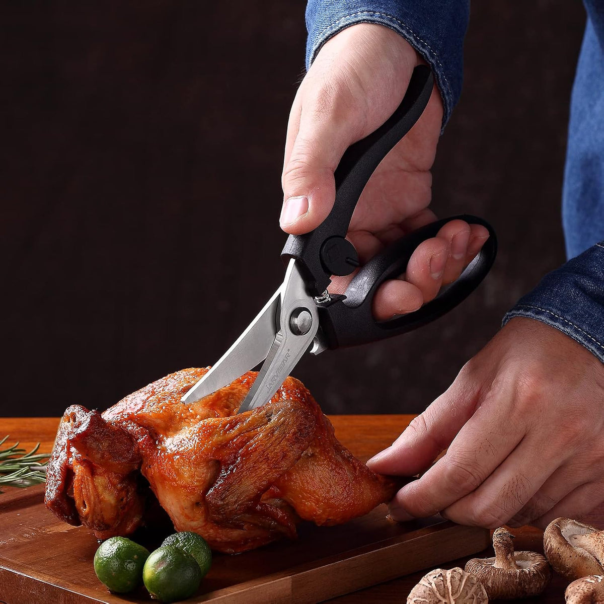 8.5" Poultry Shears, Spring Loaded Kitchen Scissors, Black | Heavy Duty Stainless Steel Blades, Safety Lock, Chicken and Meat Cutting