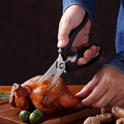 8.5" Poultry Shears, Spring Loaded Kitchen Scissors, Black | Heavy Duty Stainless Steel Blades, Safety Lock, Chicken and Meat Cutting