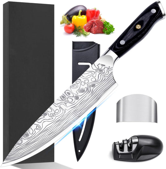 8" Chef Knife,High Carbon Stainless Steel Chef Knife,kitchen knife with Finger Guard and Knife Sharpener,Chef Knife Gift Box for Family and Friends
