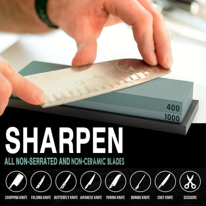 Knife Sharpening Stone Kit - Whetstone Dual Grit 400/1000 3000/8000 Premium Sharpener Set with Leather Strop, Flattening Stone, Honing Guide, Bamboo Base, Angle Guide, Cut Resistant Gloves