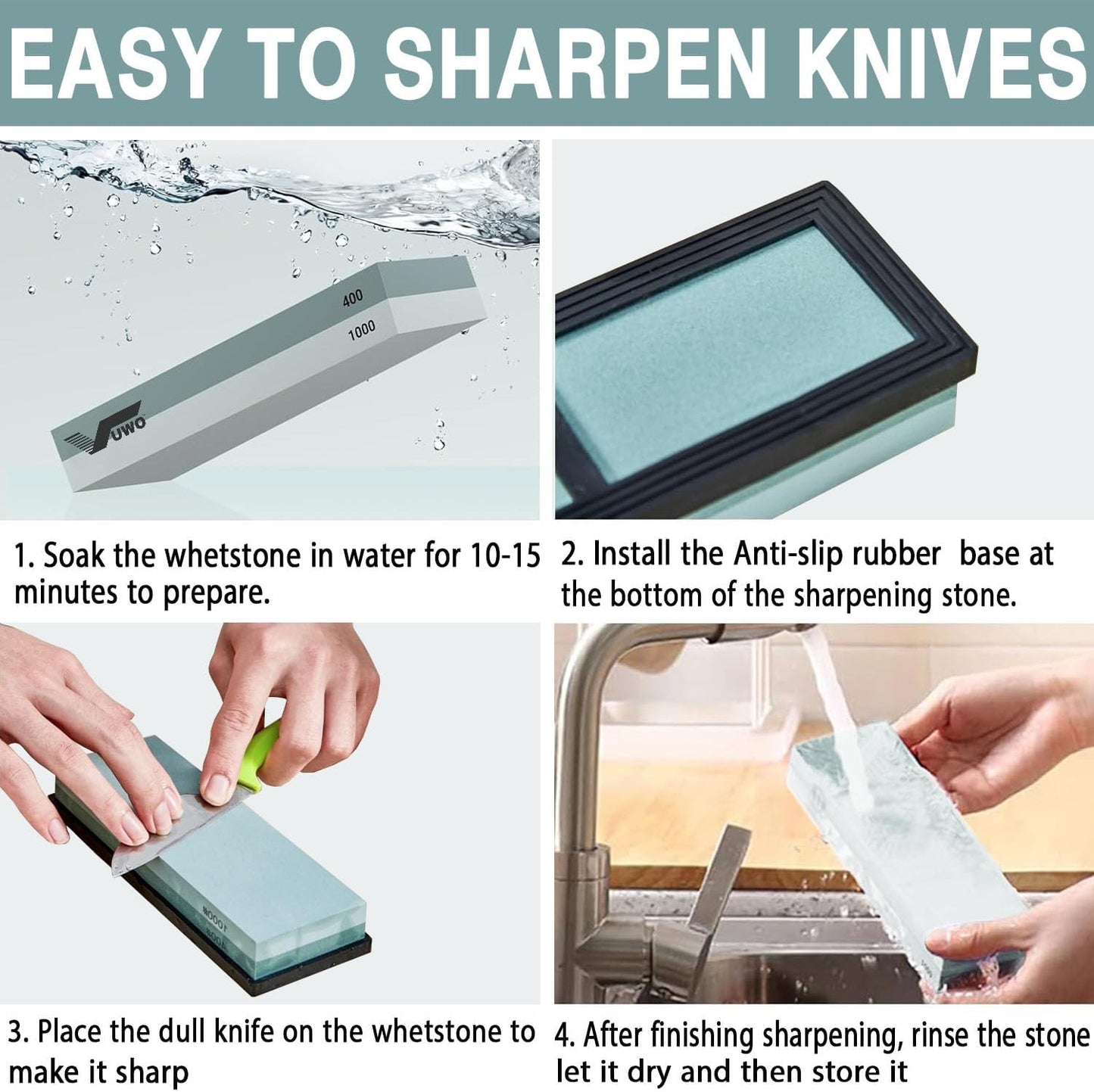 Knife Sharpening Stone Kit - Whetstone Dual Grit 400/1000 3000/8000 Premium Sharpener Set with Leather Strop, Flattening Stone, Honing Guide, Bamboo Base, Angle Guide, Cut Resistant Gloves