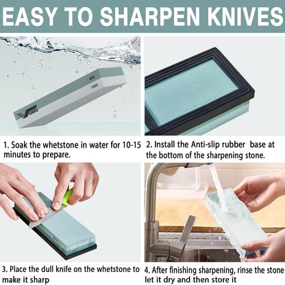 Knife Sharpening Stone Kit - Whetstone Dual Grit 400/1000 3000/8000 Premium Sharpener Set with Leather Strop, Flattening Stone, Honing Guide, Bamboo Base, Angle Guide, Cut Resistant Gloves