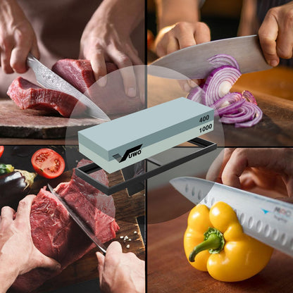 Knife Sharpening Stone Kit - Whetstone Dual Grit 400/1000 3000/8000 Premium Sharpener Set with Leather Strop, Flattening Stone, Honing Guide, Bamboo Base, Angle Guide, Cut Resistant Gloves