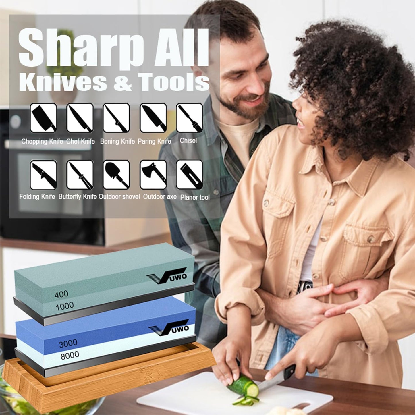Knife Sharpening Stone Kit - Whetstone Dual Grit 400/1000 3000/8000 Premium Sharpener Set with Leather Strop, Flattening Stone, Honing Guide, Bamboo Base, Angle Guide, Cut Resistant Gloves