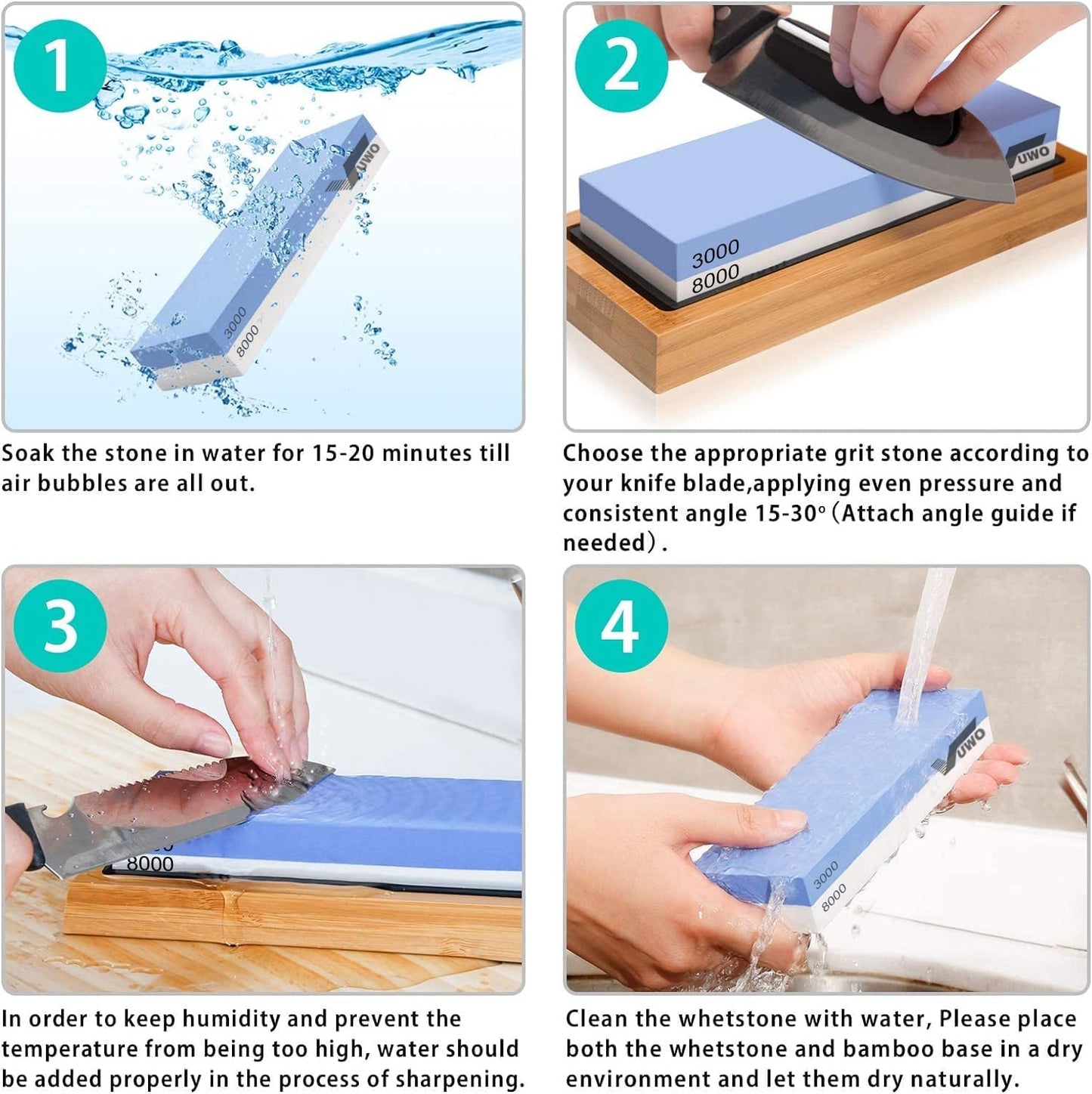 Knife Sharpening Stone Kit - Whetstone Dual Grit 400/1000 3000/8000 Premium Sharpener Set with Leather Strop, Flattening Stone, Honing Guide, Bamboo Base, Angle Guide, Cut Resistant Gloves