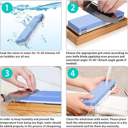 Knife Sharpening Stone Kit - Whetstone Dual Grit 400/1000 3000/8000 Premium Sharpener Set with Leather Strop, Flattening Stone, Honing Guide, Bamboo Base, Angle Guide, Cut Resistant Gloves