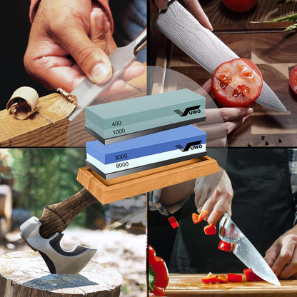 Knife Sharpening Stone Kit - Whetstone Dual Grit 400/1000 3000/8000 Premium Sharpener Set with Leather Strop, Flattening Stone, Honing Guide, Bamboo Base, Angle Guide, Cut Resistant Gloves