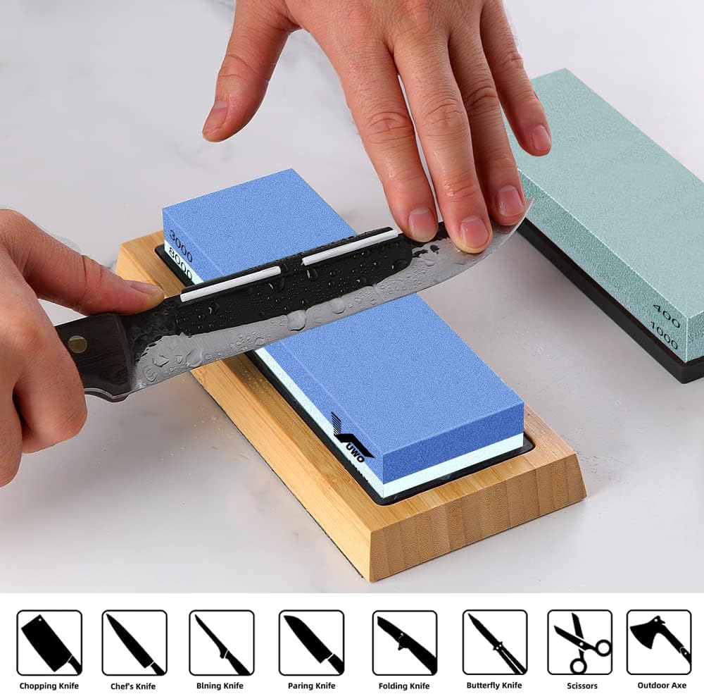 Knife Sharpening Stone Kit - Whetstone Dual Grit 400/1000 3000/8000 Premium Sharpener Set with Leather Strop, Flattening Stone, Honing Guide, Bamboo Base, Angle Guide, Cut Resistant Gloves
