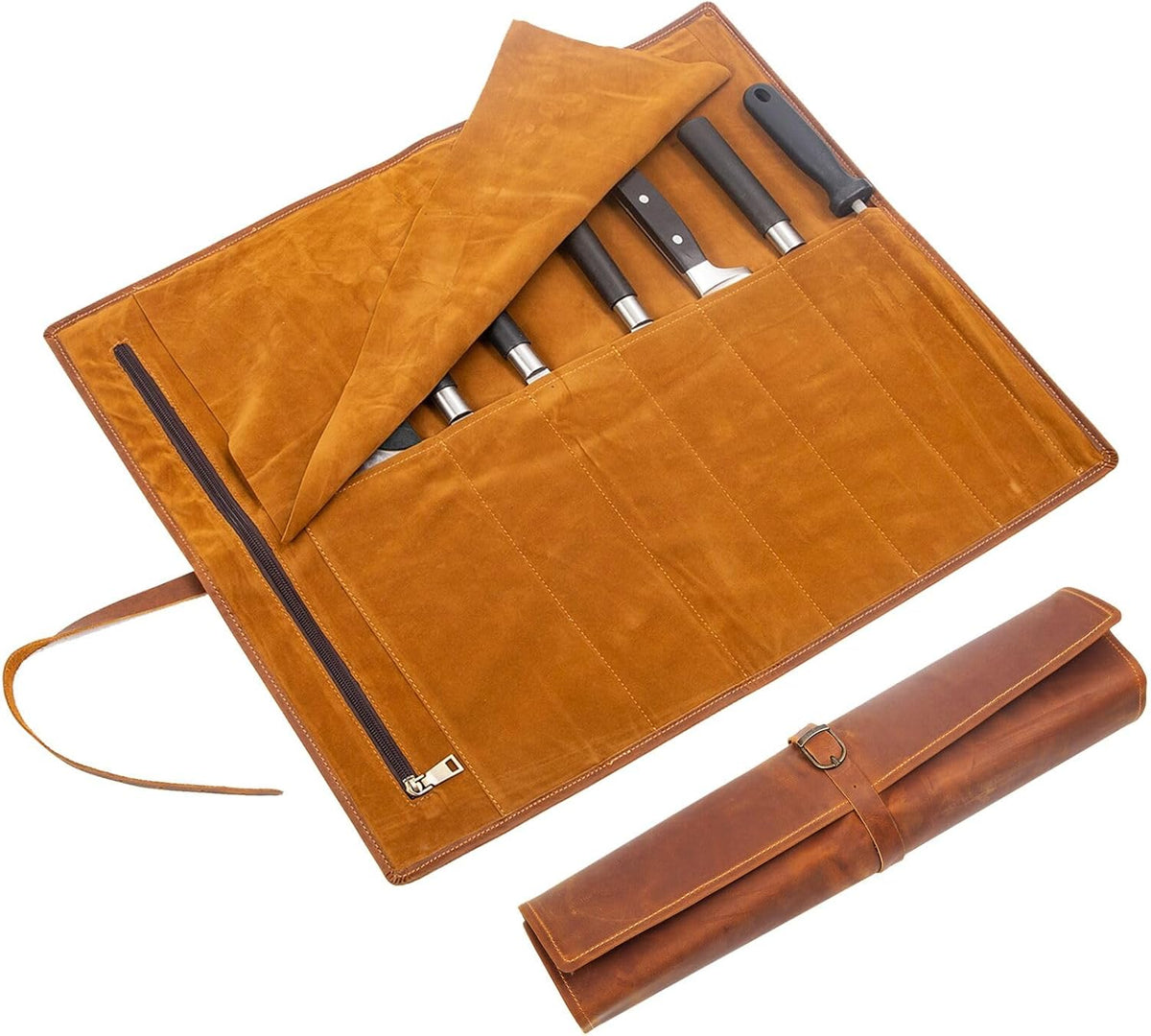 Leather Chef Knife Roll Bag, Knife Bags for Chefs Professional, Large Zippered Pouch & 7-Slot Professional Knife Roll, Chef Knives Storage Bag for Kitchen Tools Culinary Accessories (brown)