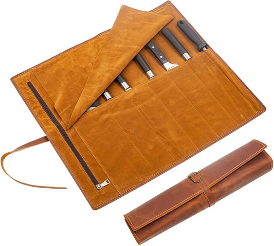 Leather Chef Knife Roll Bag, Knife Bags for Chefs Professional, Large Zippered Pouch & 7-Slot Professional Knife Roll, Chef Knives Storage Bag for Kitchen Tools Culinary Accessories (brown)