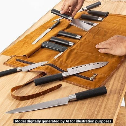 Leather Chef Knife Roll Bag, Knife Bags for Chefs Professional, Large Zippered Pouch & 7-Slot Professional Knife Roll, Chef Knives Storage Bag for Kitchen Tools Culinary Accessories (brown)