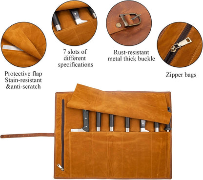 Leather Chef Knife Roll Bag, Knife Bags for Chefs Professional, Large Zippered Pouch & 7-Slot Professional Knife Roll, Chef Knives Storage Bag for Kitchen Tools Culinary Accessories (brown)