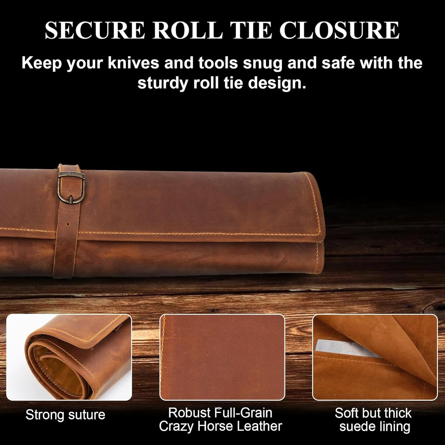 Leather Chef Knife Roll Bag, Knife Bags for Chefs Professional, Large Zippered Pouch & 7-Slot Professional Knife Roll, Chef Knives Storage Bag for Kitchen Tools Culinary Accessories (brown)