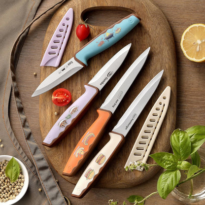 4PCS Paring Knife, Paring knives, 4.5 & 4 Inch Peeling Fruit and Vegetable Knife, Ultra Sharp Kitchen Knives, German Steel, PP Plastic Handle (Food-Themed Design)