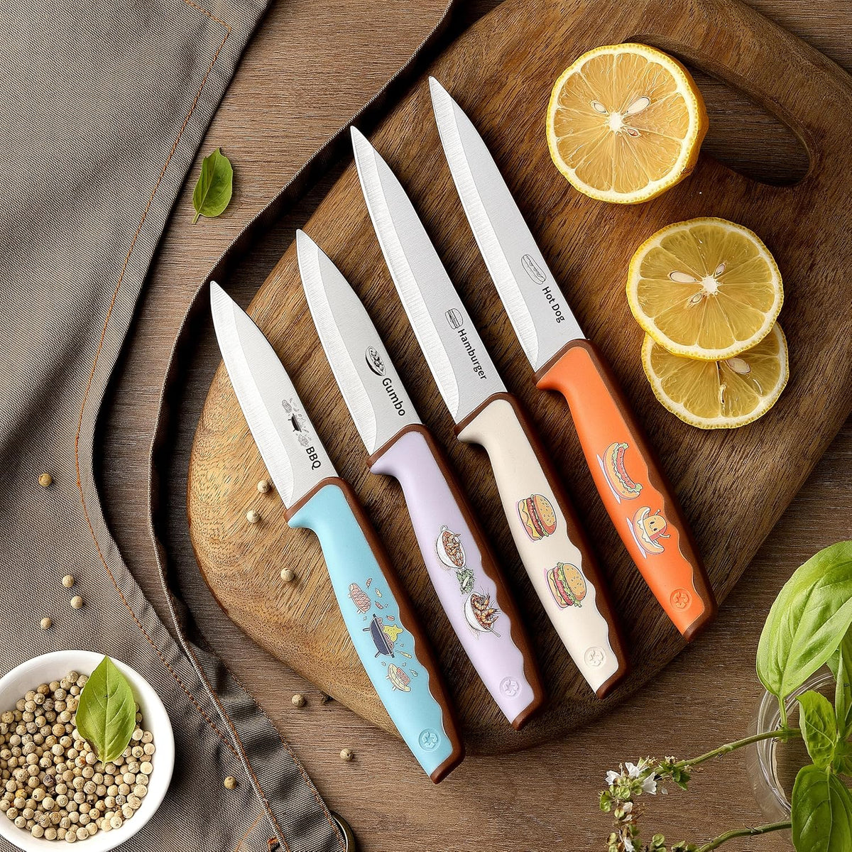 4PCS Paring Knife, Paring knives, 4.5 & 4 Inch Peeling Fruit and Vegetable Knife, Ultra Sharp Kitchen Knives, German Steel, PP Plastic Handle (Food-Themed Design)