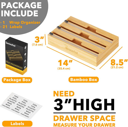 WrapNeat 3 in 1 Wrap Organizer with Cutter and Labels, Plastic Wrap, Aluminum Foil and Wax Bamboo Dispenser for Kitchen Storage Organization Holder for 12" Roll (Natural)