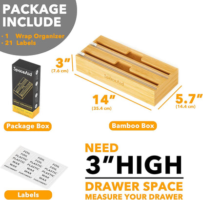 WrapNeat 3 in 1 Wrap Organizer with Cutter and Labels, Plastic Wrap, Aluminum Foil and Wax Bamboo Dispenser for Kitchen Storage Organization Holder for 12" Roll (Natural)