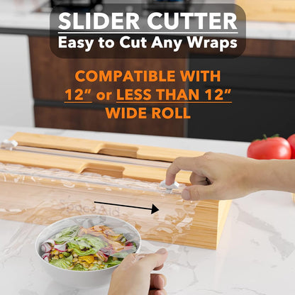 WrapNeat 3 in 1 Wrap Organizer with Cutter and Labels, Plastic Wrap, Aluminum Foil and Wax Bamboo Dispenser for Kitchen Storage Organization Holder for 12" Roll (Natural)
