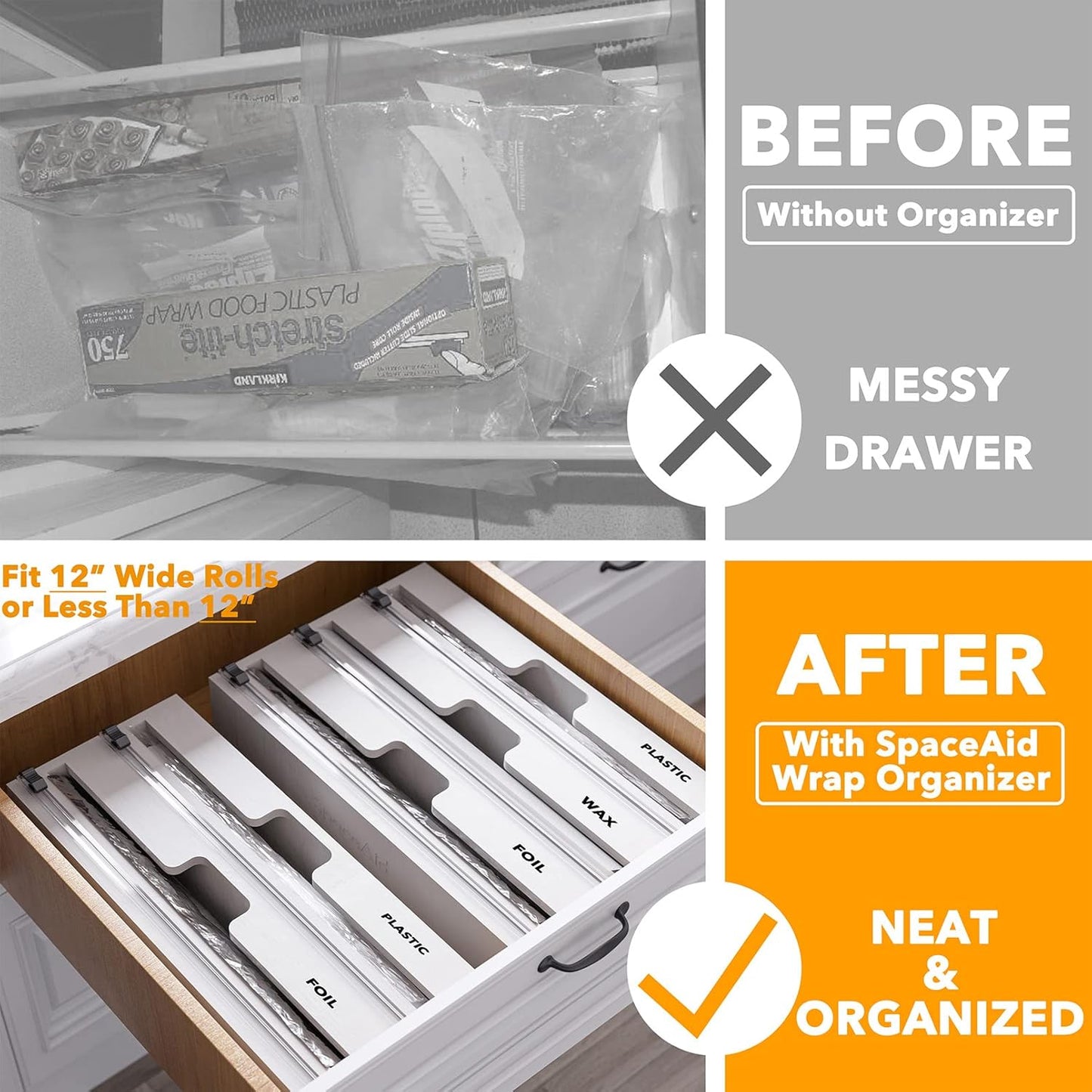 WrapNeat 3 in 1 Wrap Organizer with Cutter and Labels, Plastic Wrap, Aluminum Foil and Wax Bamboo Dispenser for Kitchen Storage Organization Holder for 12" Roll (Natural)