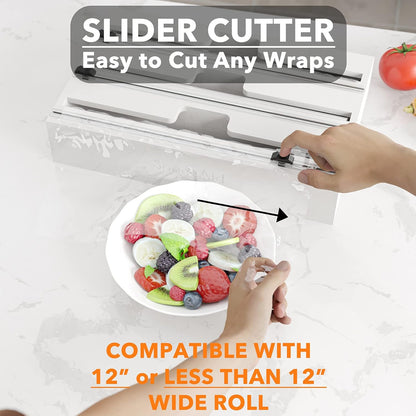 WrapNeat 3 in 1 Wrap Organizer with Cutter and Labels, Plastic Wrap, Aluminum Foil and Wax Bamboo Dispenser for Kitchen Storage Organization Holder for 12" Roll (Natural)