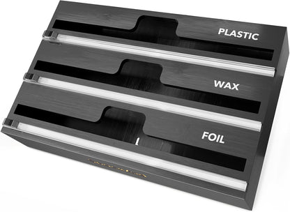 WrapNeat 3 in 1 Wrap Organizer with Cutter and Labels, Plastic Wrap, Aluminum Foil and Wax Bamboo Dispenser for Kitchen Storage Organization Holder for 12" Roll (Natural)
