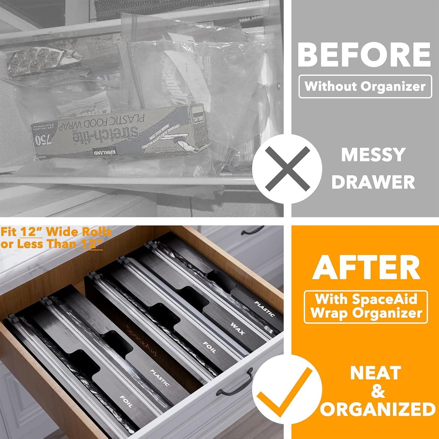 WrapNeat 3 in 1 Wrap Organizer with Cutter and Labels, Plastic Wrap, Aluminum Foil and Wax Bamboo Dispenser for Kitchen Storage Organization Holder for 12" Roll (Natural)