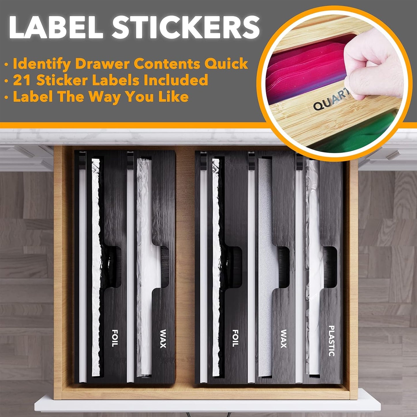 WrapNeat 3 in 1 Wrap Organizer with Cutter and Labels, Plastic Wrap, Aluminum Foil and Wax Bamboo Dispenser for Kitchen Storage Organization Holder for 12" Roll (Natural)