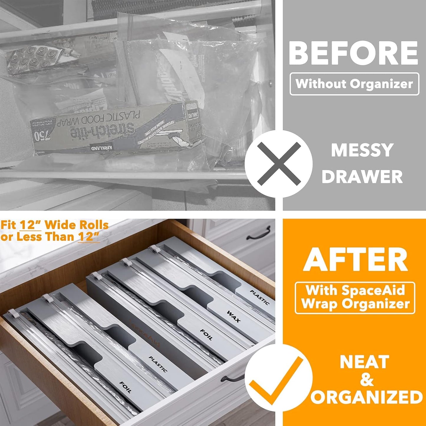 WrapNeat 3 in 1 Wrap Organizer with Cutter and Labels, Plastic Wrap, Aluminum Foil and Wax Bamboo Dispenser for Kitchen Storage Organization Holder for 12" Roll (Natural)