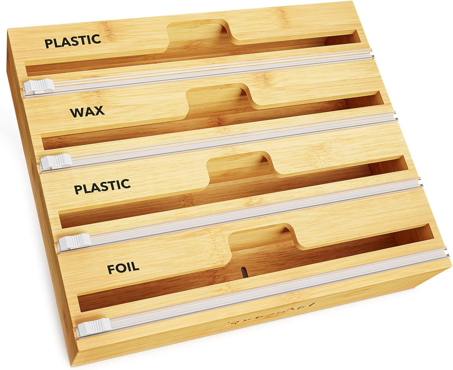 WrapNeat 3 in 1 Wrap Organizer with Cutter and Labels, Plastic Wrap, Aluminum Foil and Wax Bamboo Dispenser for Kitchen Storage Organization Holder for 12" Roll (Natural)