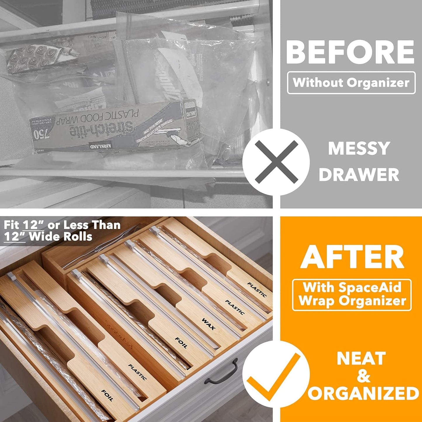 WrapNeat 3 in 1 Wrap Organizer with Cutter and Labels, Plastic Wrap, Aluminum Foil and Wax Bamboo Dispenser for Kitchen Storage Organization Holder for 12" Roll (Natural)