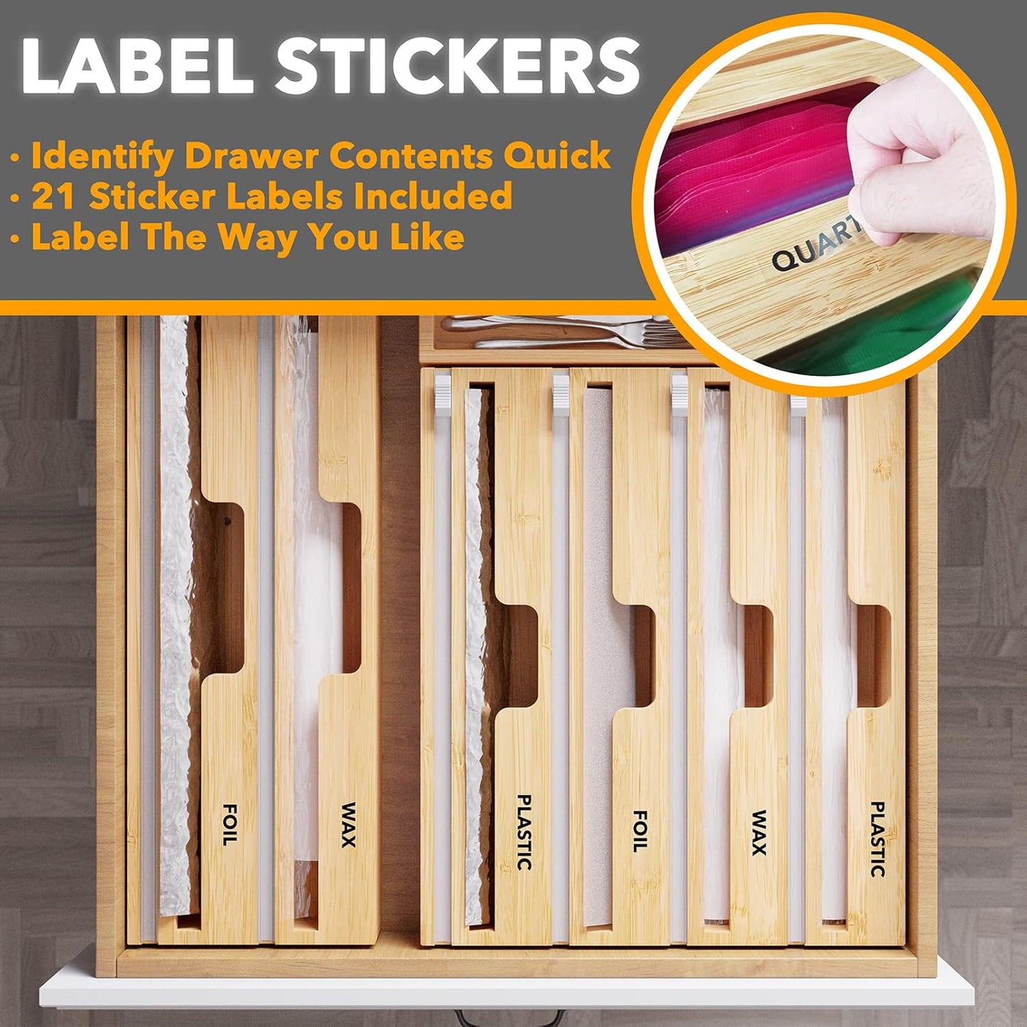 WrapNeat 3 in 1 Wrap Organizer with Cutter and Labels, Plastic Wrap, Aluminum Foil and Wax Bamboo Dispenser for Kitchen Storage Organization Holder for 12" Roll (Natural)