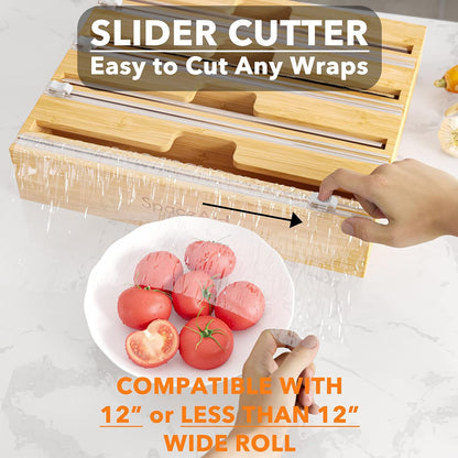 WrapNeat 3 in 1 Wrap Organizer with Cutter and Labels, Plastic Wrap, Aluminum Foil and Wax Bamboo Dispenser for Kitchen Storage Organization Holder for 12" Roll (Natural)